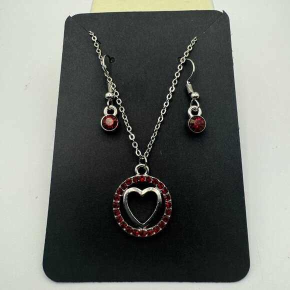 Heart Pendant Necklace & Earrings Set With Red Rhinestones - Picture 1 of 5